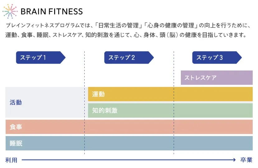 ニューロリワークのブレインフィットネスプログラム。活動・食事・睡眠・運動・知的刺激・ストレスケアを段階的に学ぶ流れ